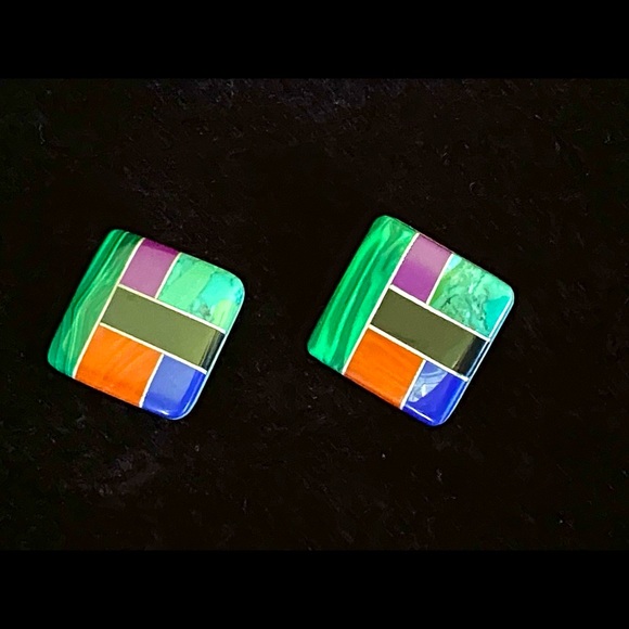 Native American Earrings, Semi-precious Gemstone Inlay & SS 1” Square, New Excel - Picture 3 of 8